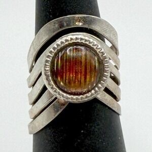 Silver Tone Wide Band Ring Orange Cabochon Statement Adjustable Size 6.5-7
